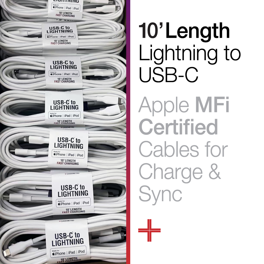 10' Lightning to USB-C Fast Cables MFi - Extra Long!